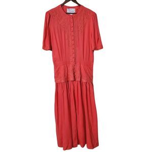 Vintage Sarah Elizabeth Drop Waist Midi Dress Size 14 Coral Western Womens